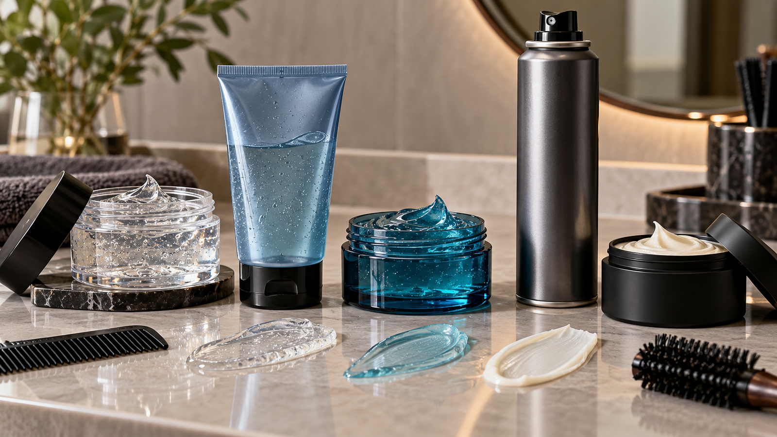 Five unbranded product formats arranged for a strong-hold hair gels, spray and wax in india buying-guide comparison