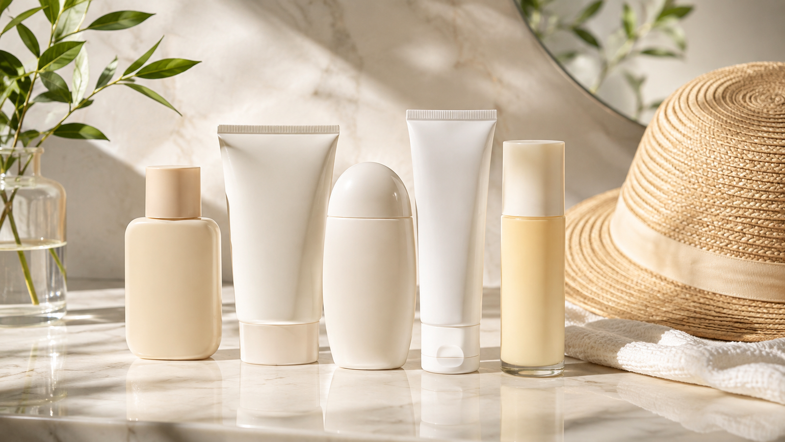 Five unbranded sunscreen tubes and bottles arranged for a top sunscreens in India buying guide