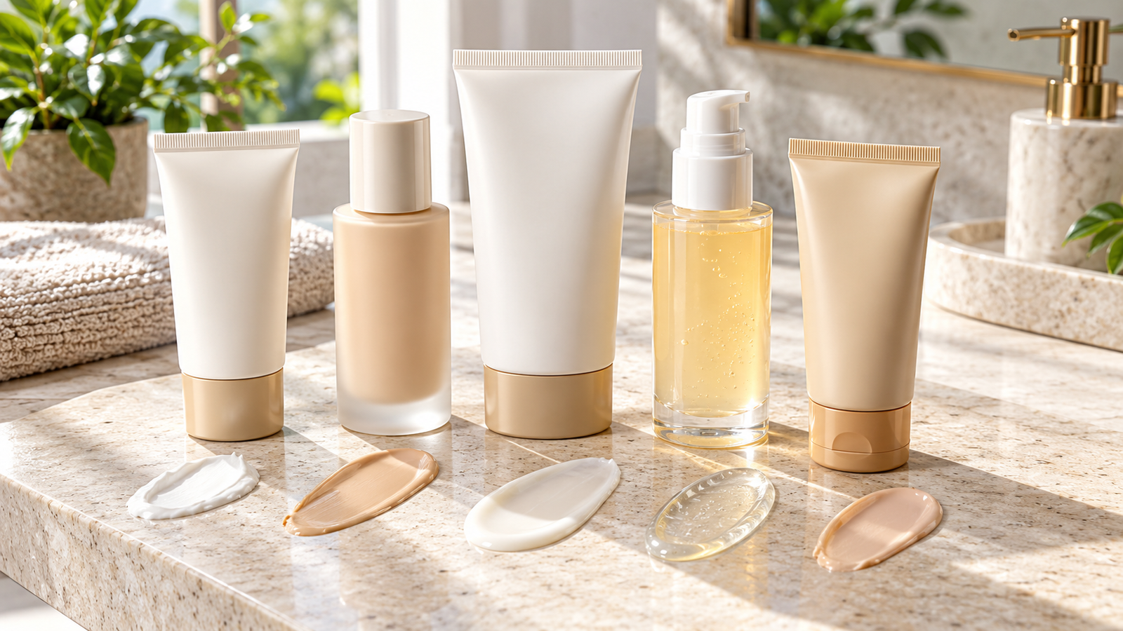 Five unbranded product formats arranged for a tinted, mineral and hydrating sunscreens in india buying-guide comparison