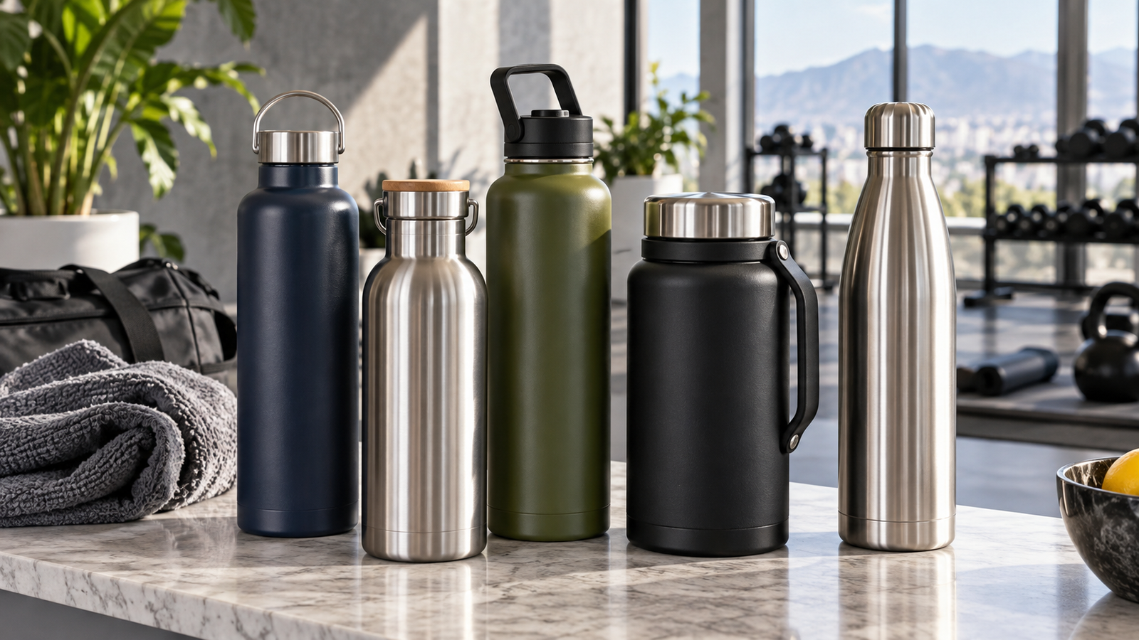 five unbranded reusable stainless-steel water bottles and insulated flasks in varied 850ml to 1.8L sizes arranged in a bright active-lifestyle setting with a gym towel and clean countertop