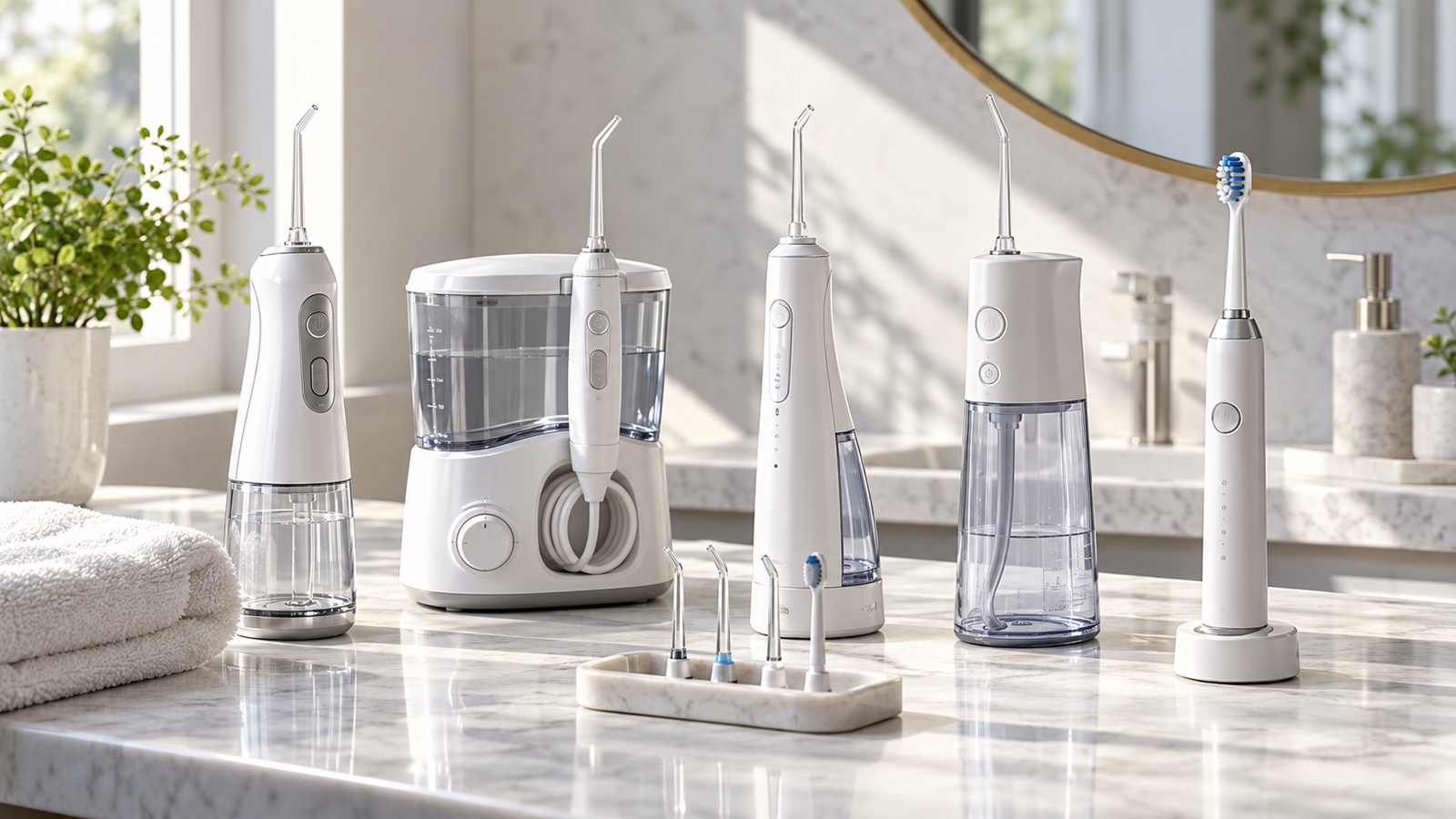 Five unbranded product formats arranged for a water flossers and electric oral-care tools in india buying-guide comparison