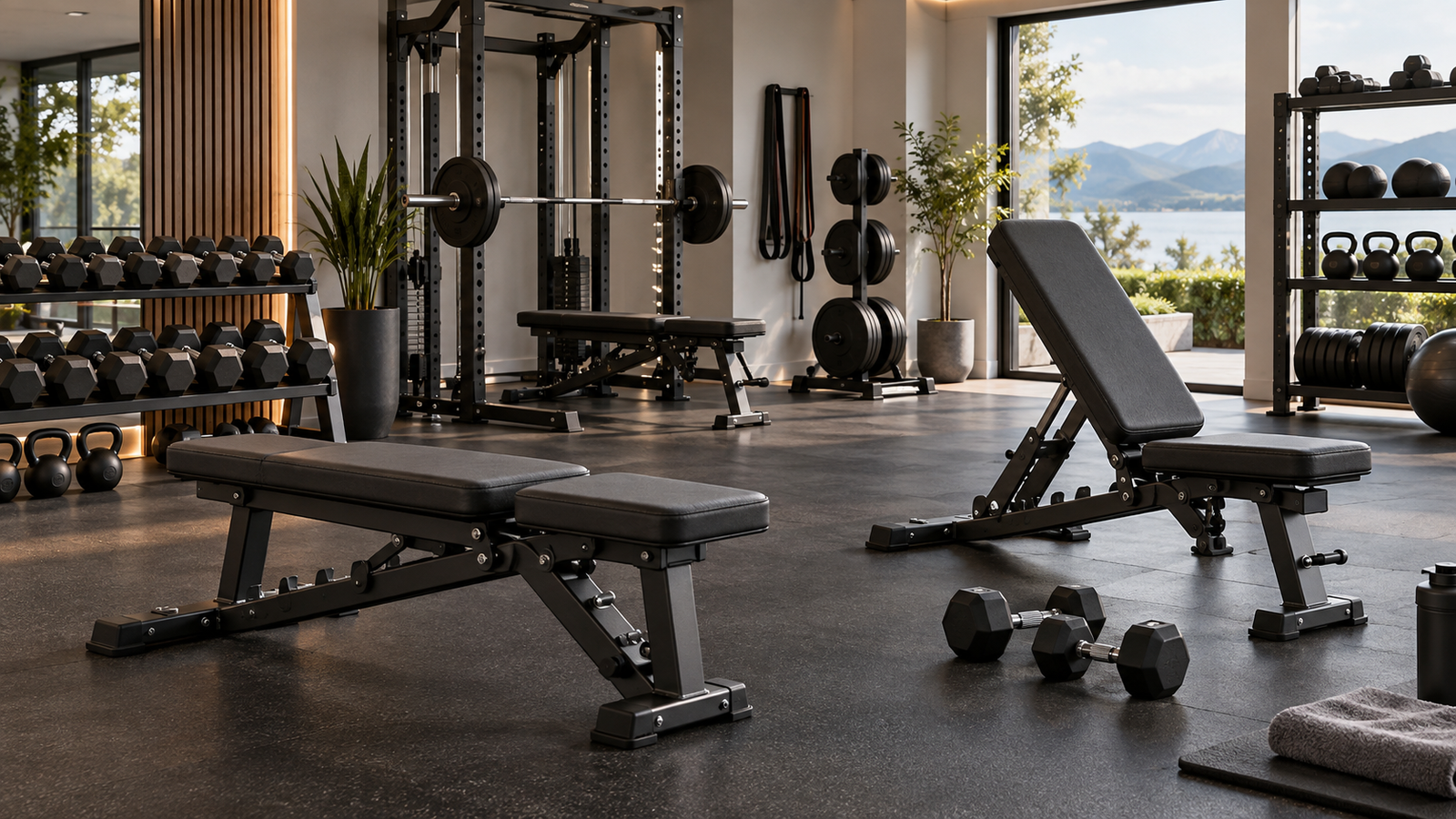 a 16:9 home-gym scene showing several unbranded adjustable weight benches in flat and incline positions with dumbbells and clean strength-training equipment, no people