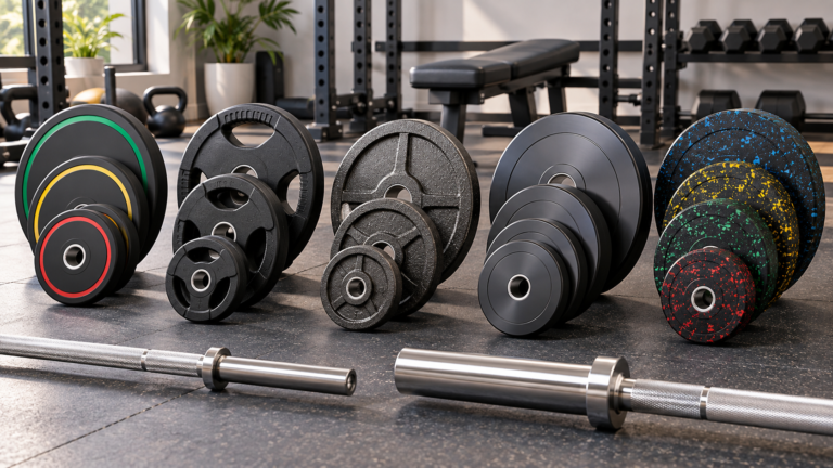 Five unbranded rubber and cast-iron weight-plate sets arranged beside barbells in a clean home gym