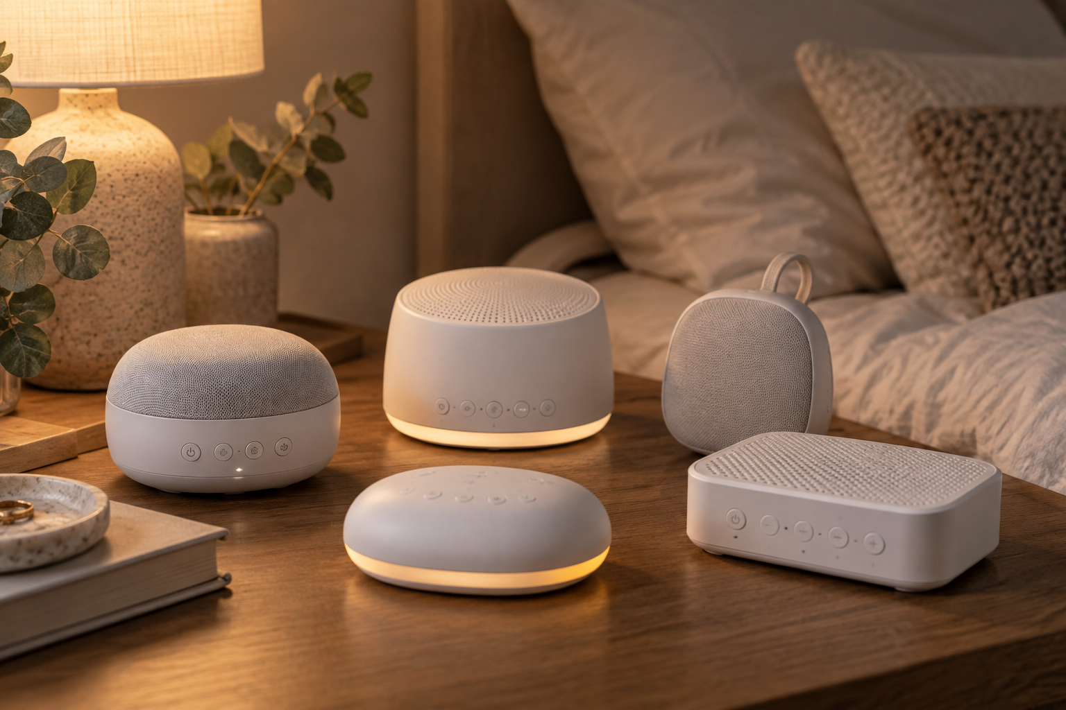 five compact unbranded white noise and sound machines in varied bedside and portable shapes arranged on a calm neutral bedroom table with soft bedding and warm low light
