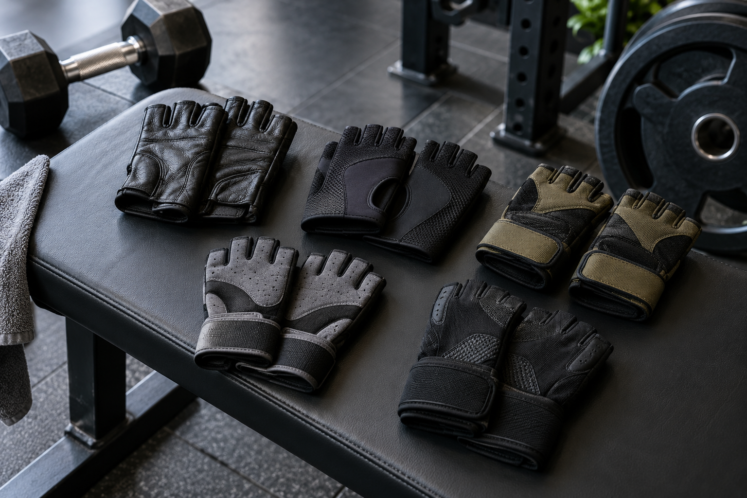 five pairs of unbranded workout gloves in leather, neoprene and wrist-wrap styles arranged beside a dumbbell and barbell plate on a clean gym bench