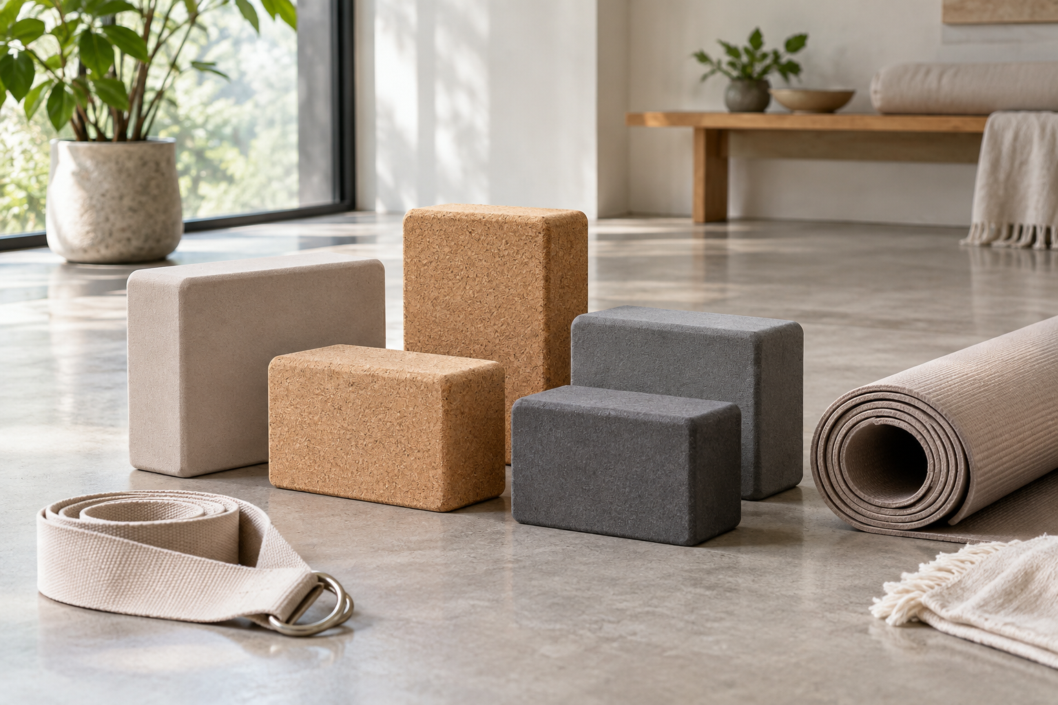 five unbranded cork and foam yoga blocks in different sizes arranged beside a neutral yoga mat and strap in a bright calm studio with soft natural daylight