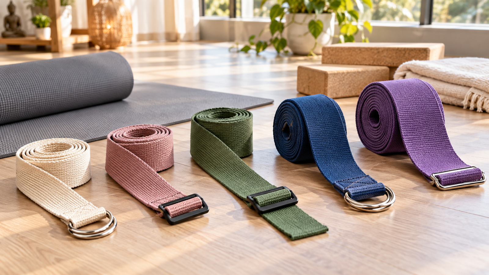 Five unbranded yoga straps in varied lengths with buckles arranged beside a yoga mat in a bright studio