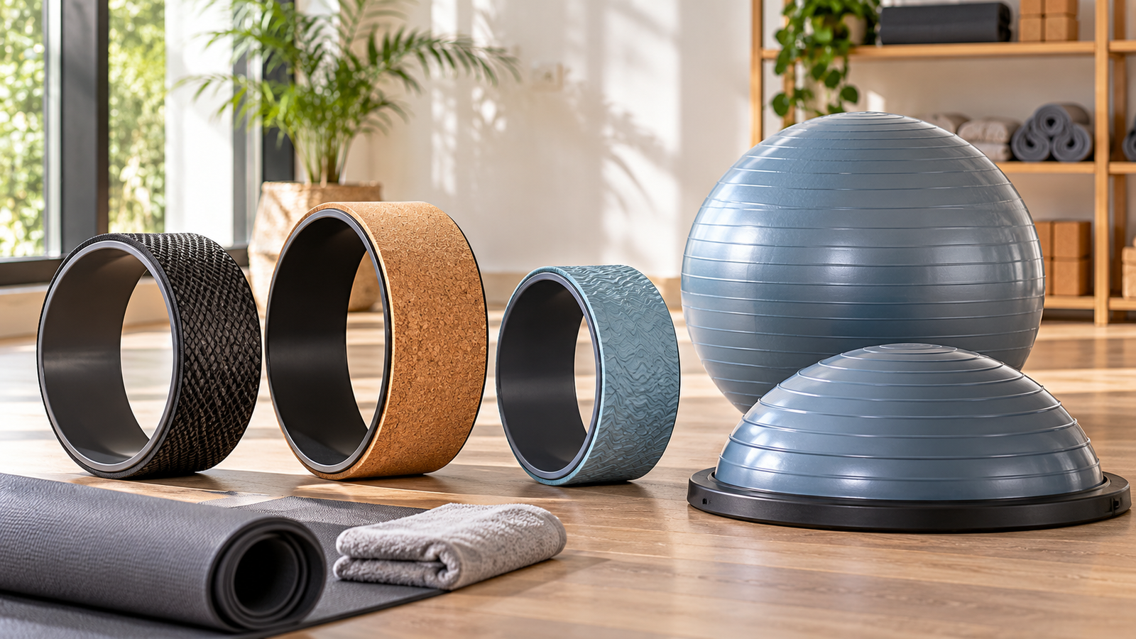 Five unbranded product formats arranged for a yoga wheels and balance props for home mobility buying-guide comparison