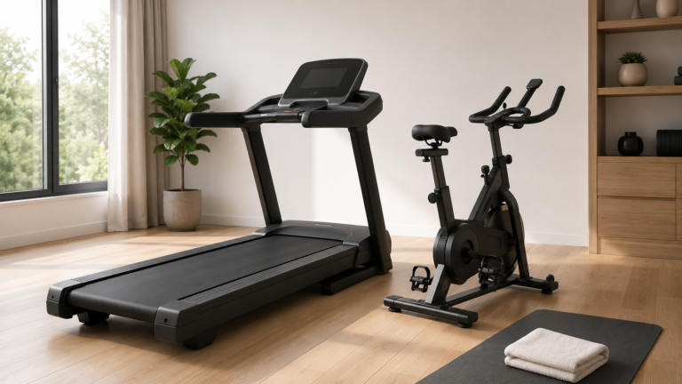 Unbranded home treadmill and indoor exercise bike side by side in a premium home gym