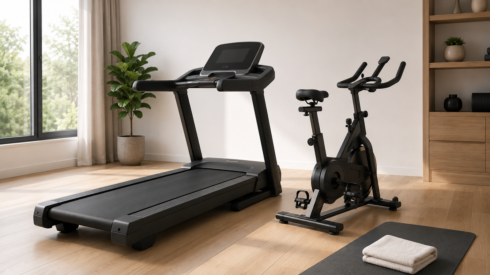 Unbranded home treadmill and indoor exercise bike side by side in a premium home gym