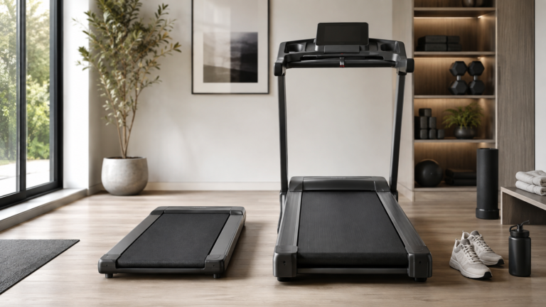 Unbranded compact walking pad beside a full-size home treadmill in a modern home gym