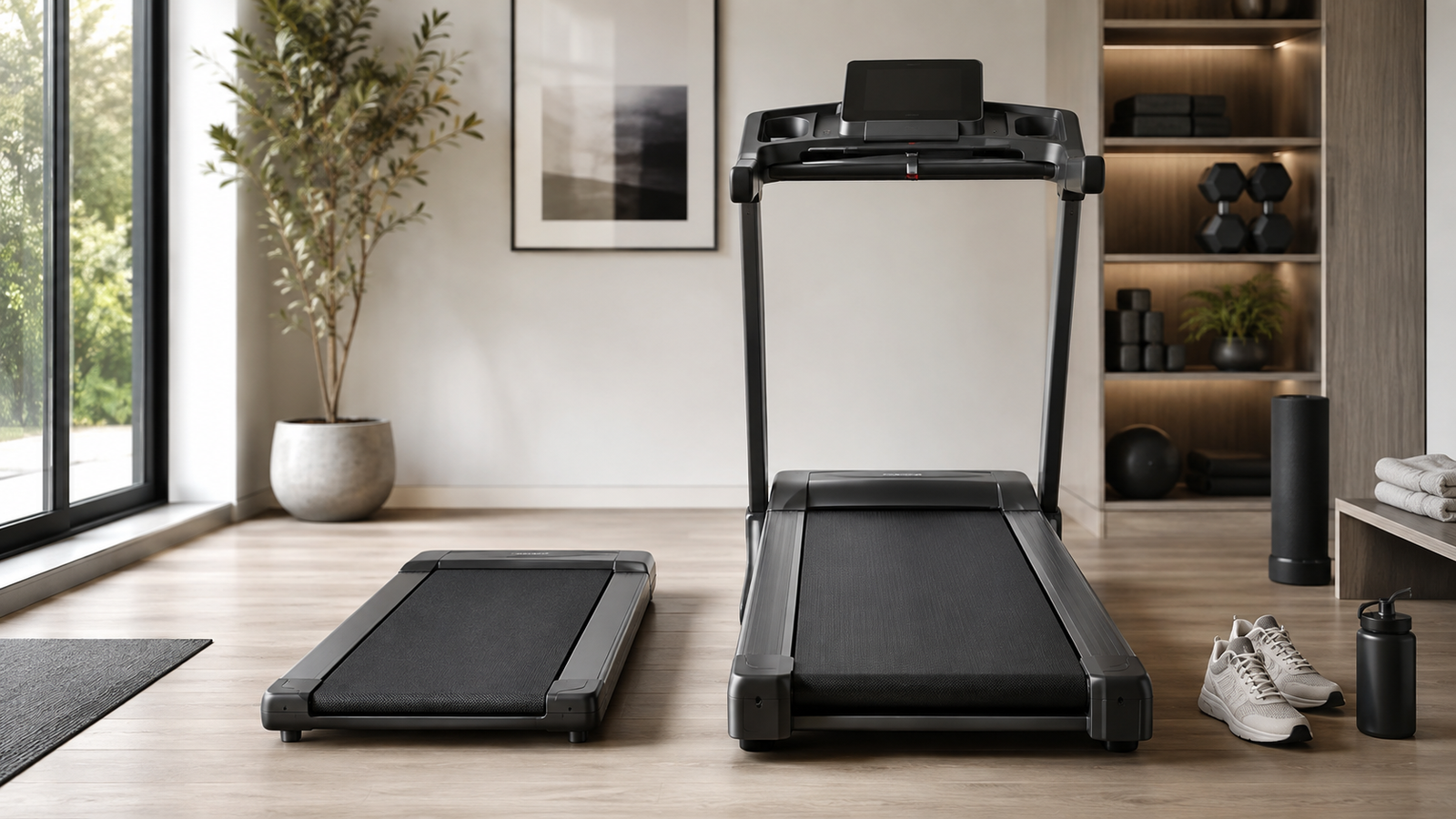 Unbranded compact walking pad beside a full-size home treadmill in a modern home gym