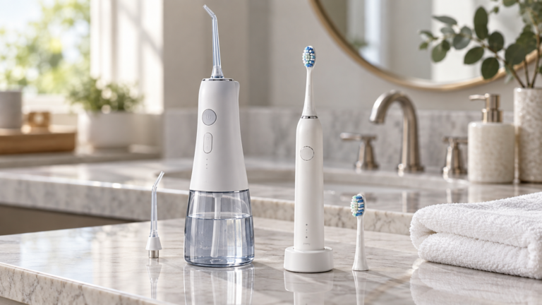 Unbranded comparison of water flosser and electric toothbrush on a neutral editorial product display