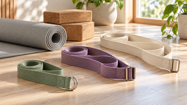 Three unbranded yoga straps in 6-foot, 8-foot and 10-foot lengths arranged beside a yoga mat