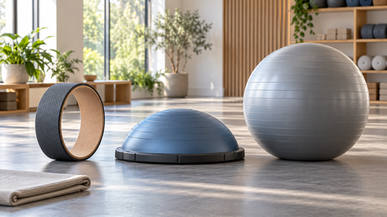 Unbranded comparison of yoga wheel and balance dome and exercise ball on a neutral editorial product display