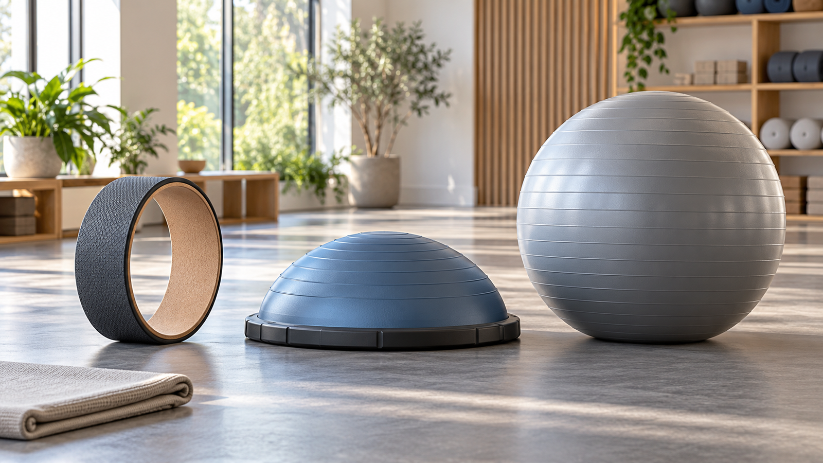 Unbranded comparison of yoga wheel and balance dome and exercise ball on a neutral editorial product display