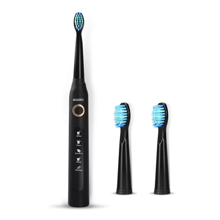 Official product photograph of AGARO Cosmic Sonic Electric Toothbrush with 3 Brush Heads