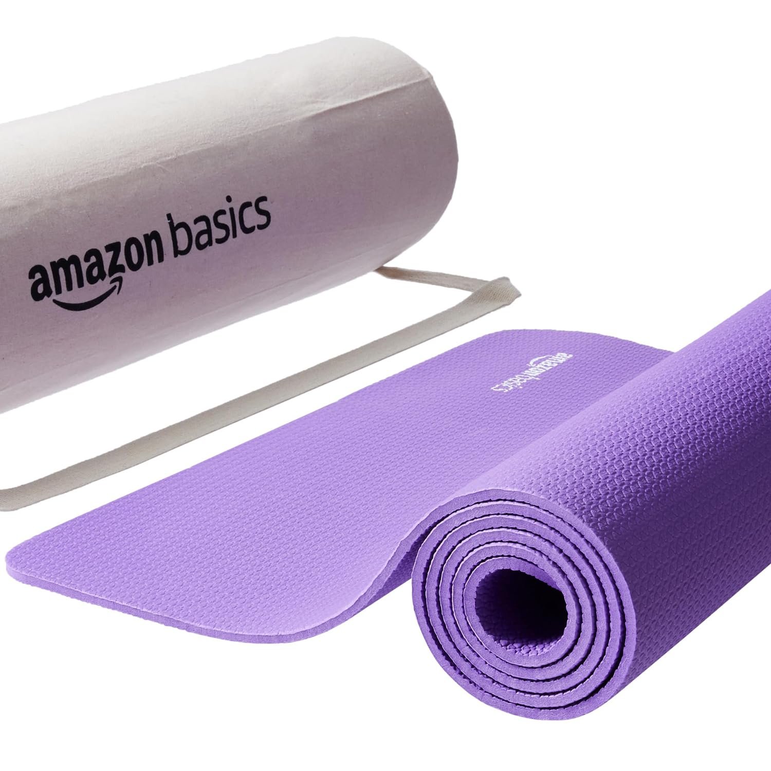 Amazon Basics 6mm TPE and EVA Yoga Mat Purple with Carry Bag - genuine photo of the exact product and included accessories