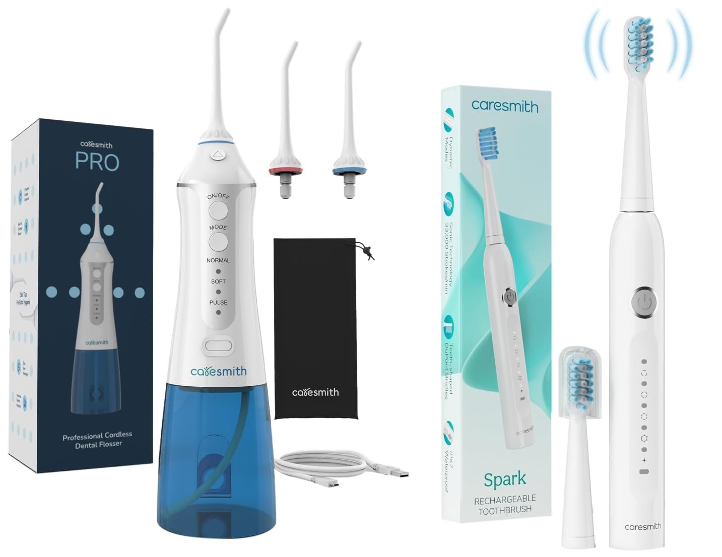 Caresmith Cordless Dental Water Flosser and Spark Toothbrush Combo - product photograph showing the exact Amazon India variant