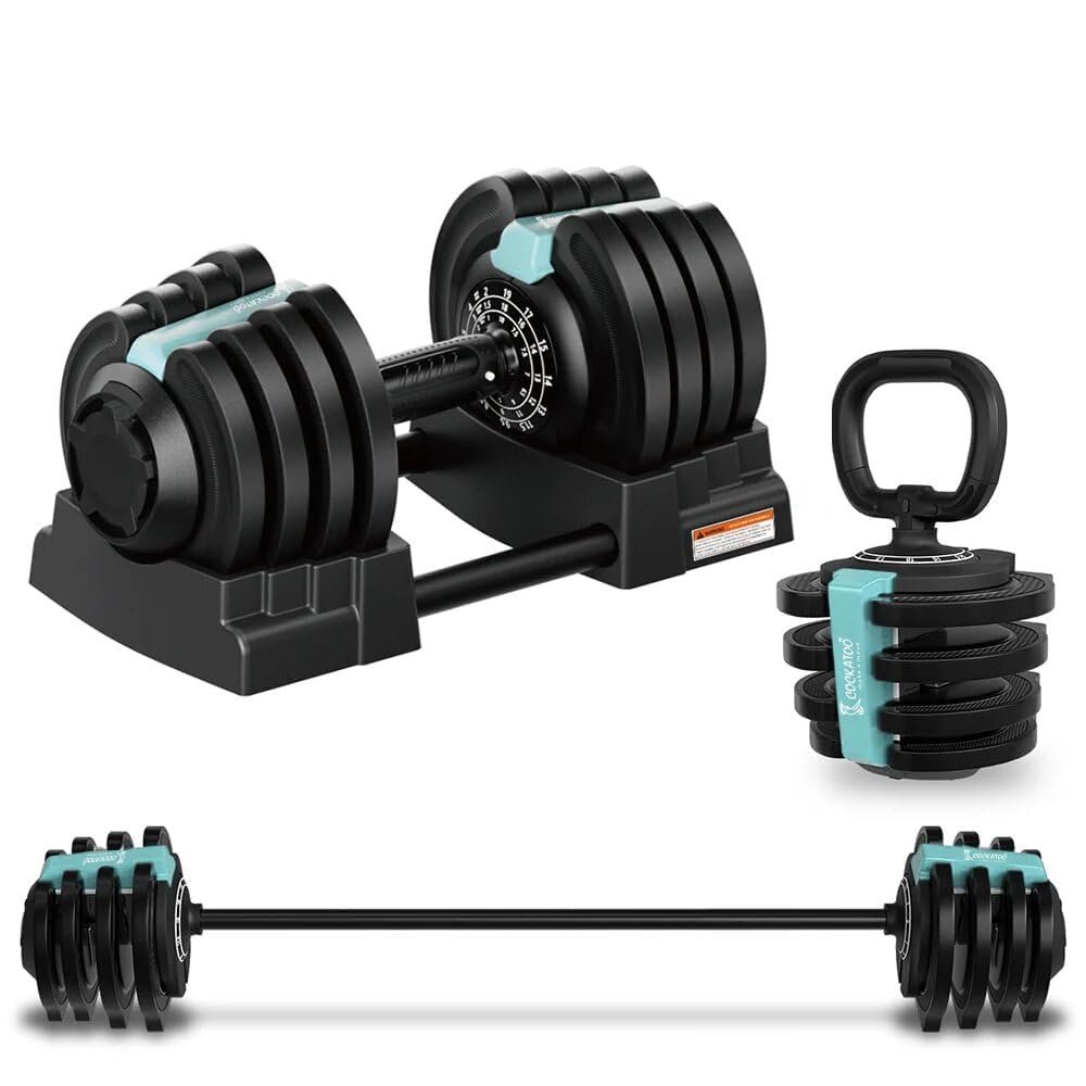 Official product photograph of Cockatoo 3-in-1 Adjustable Dumbbell Barbell Kettlebell Set