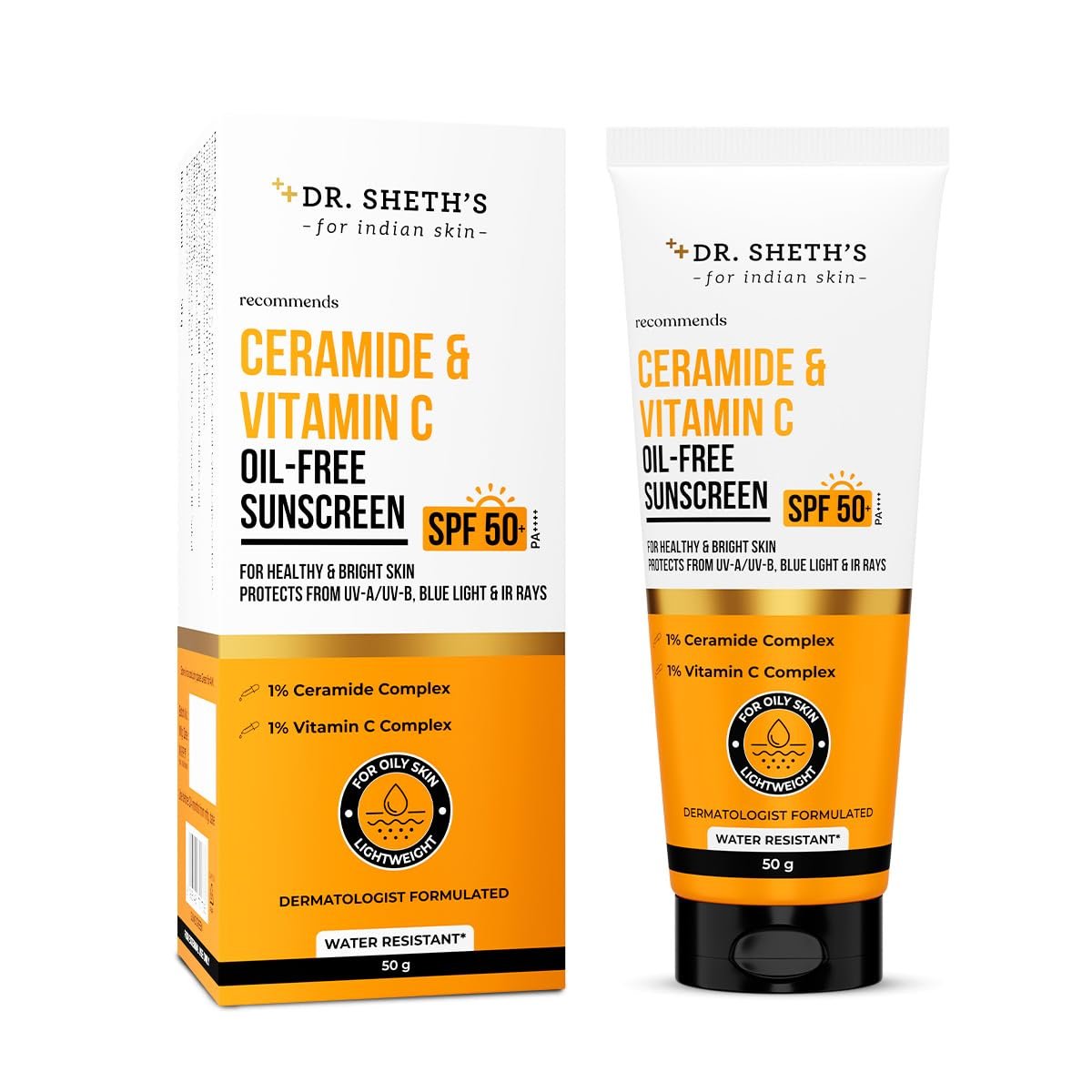Dr. Sheth's Ceramide and Vitamin C Oil-Free Sunscreen SPF 50+ PA++++ — product photo showing the listed model or variant