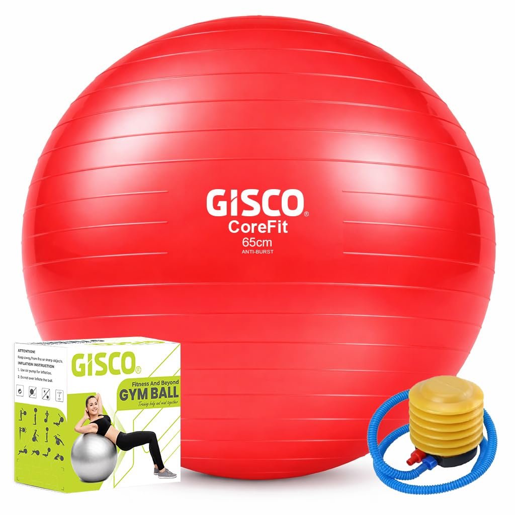 GISCO Anti-Burst Gym Ball 65cm Red with Foot Pump - genuine photo of the exact product and included accessories