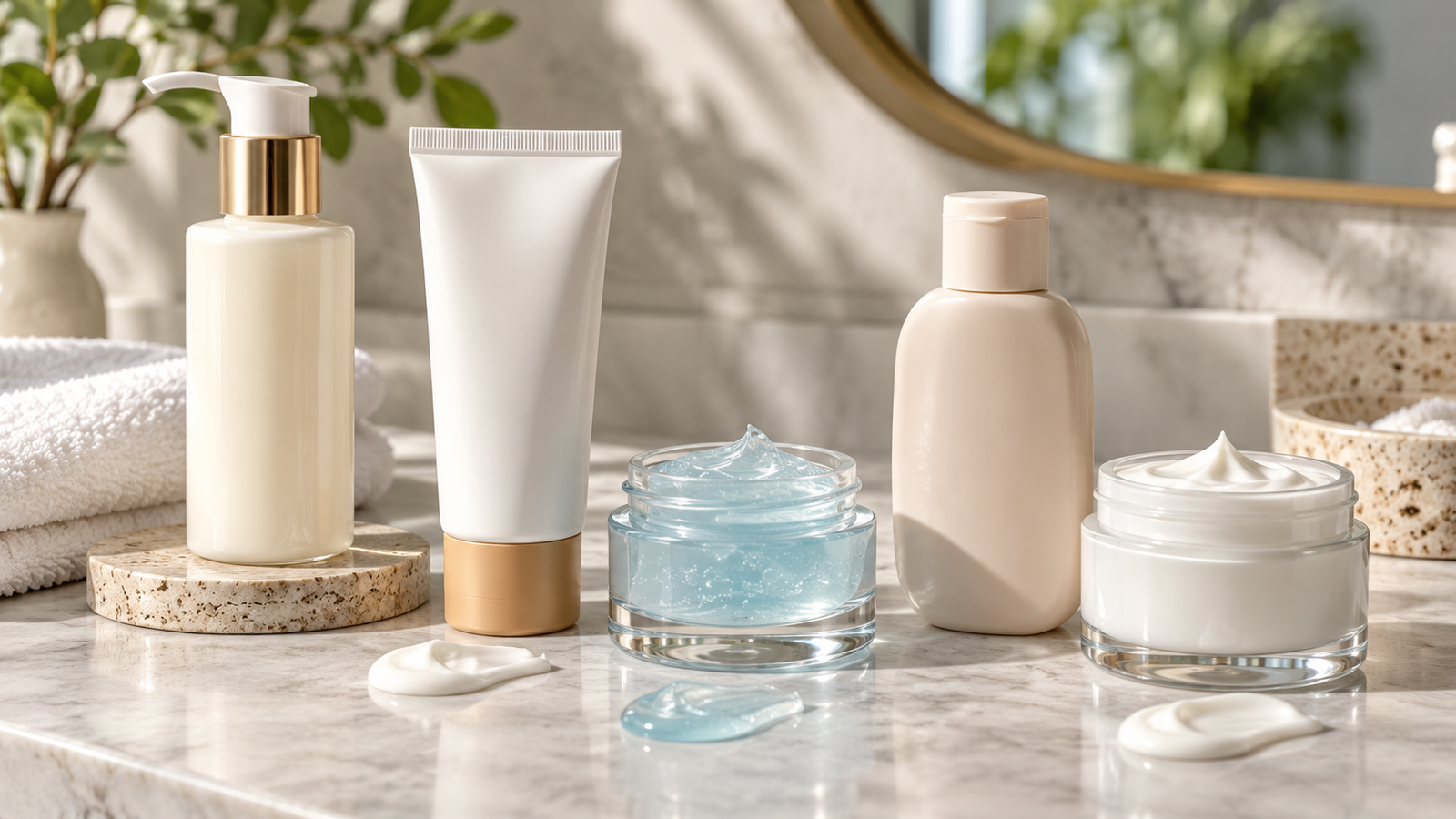 Five unbranded products arranged for a comparison about spf moisturizer vs sunscreen India