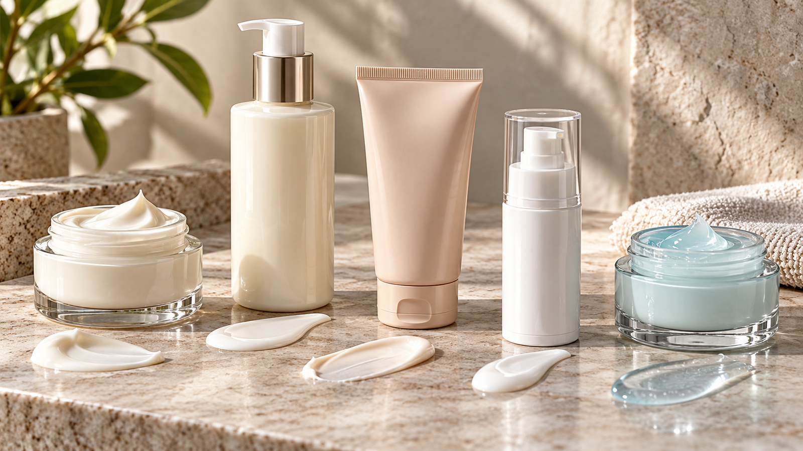 Five unbranded products arranged for a comparison about face cream vs lotion vs oil free moisturizer