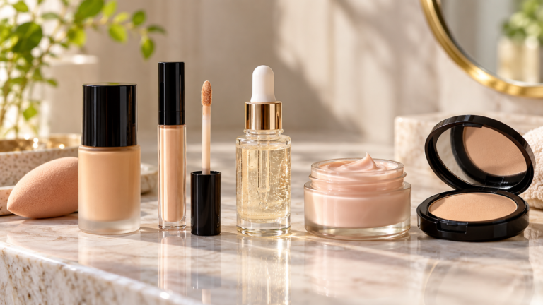 Five unbranded products arranged for a comparison about foundation vs concealer skincare routine