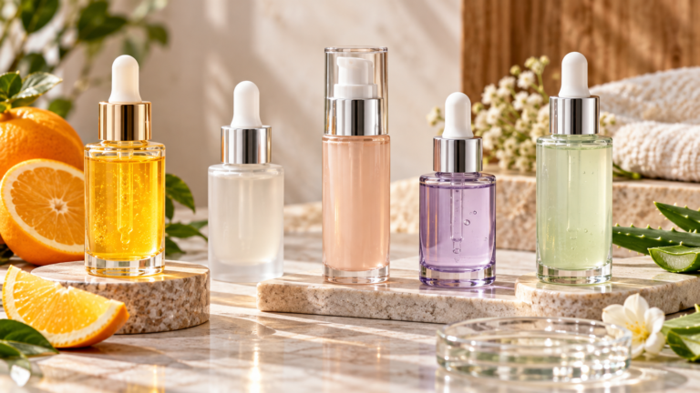 Five unbranded products arranged for a comparison about vitamin c vs glycolic acid serum India