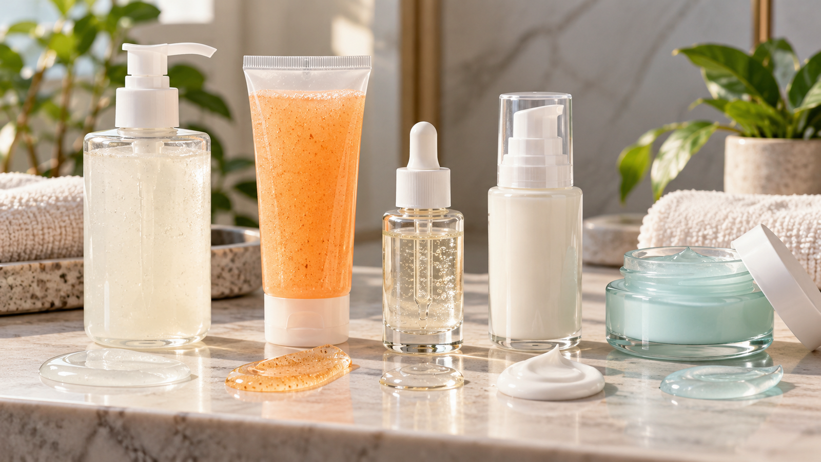 Five unbranded products arranged for a comparison about gentle cleanser vs aha wash niacinamide serum