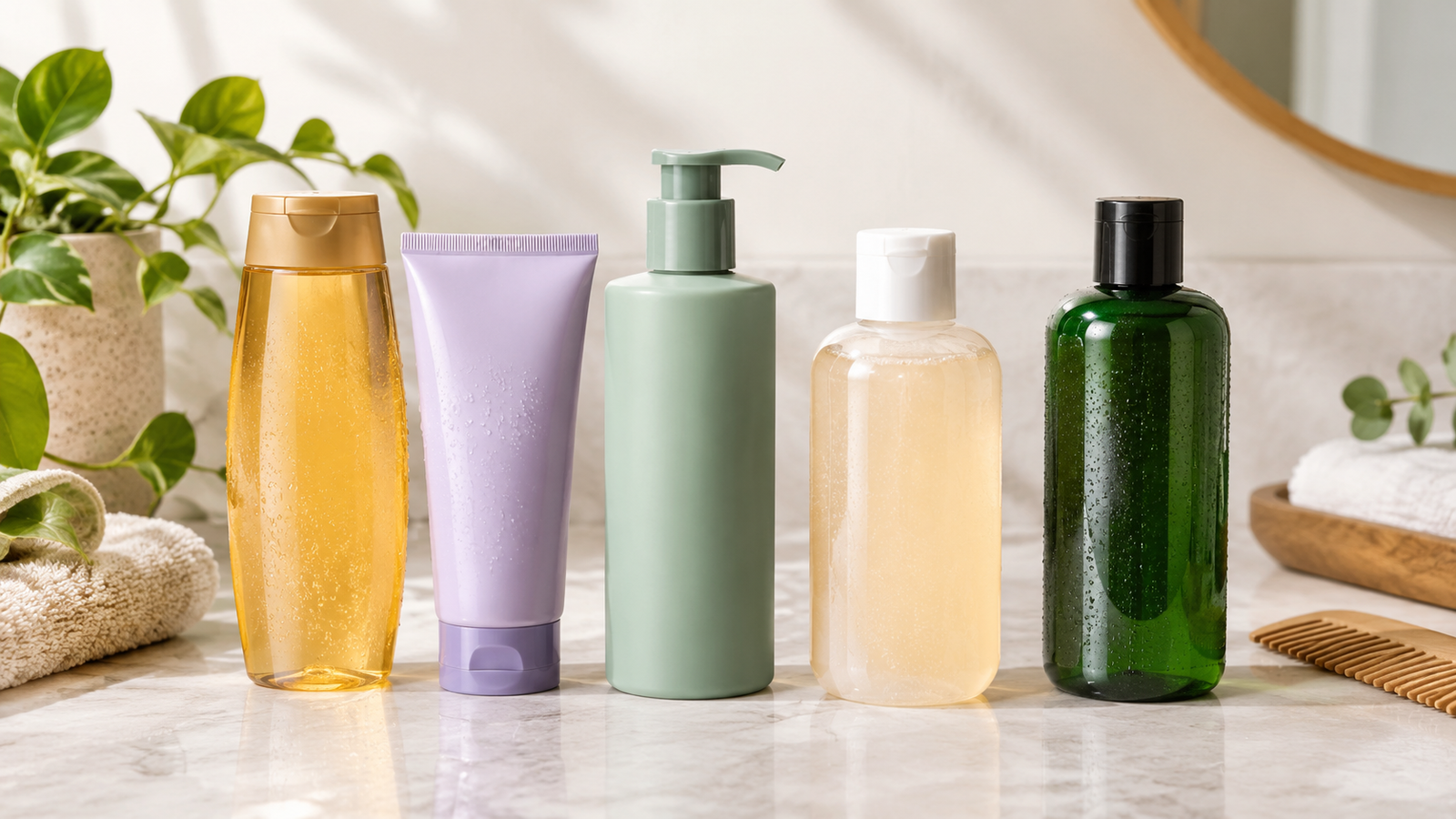 Five unbranded products arranged for a comparison about anti frizz vs breakage shampoo India
