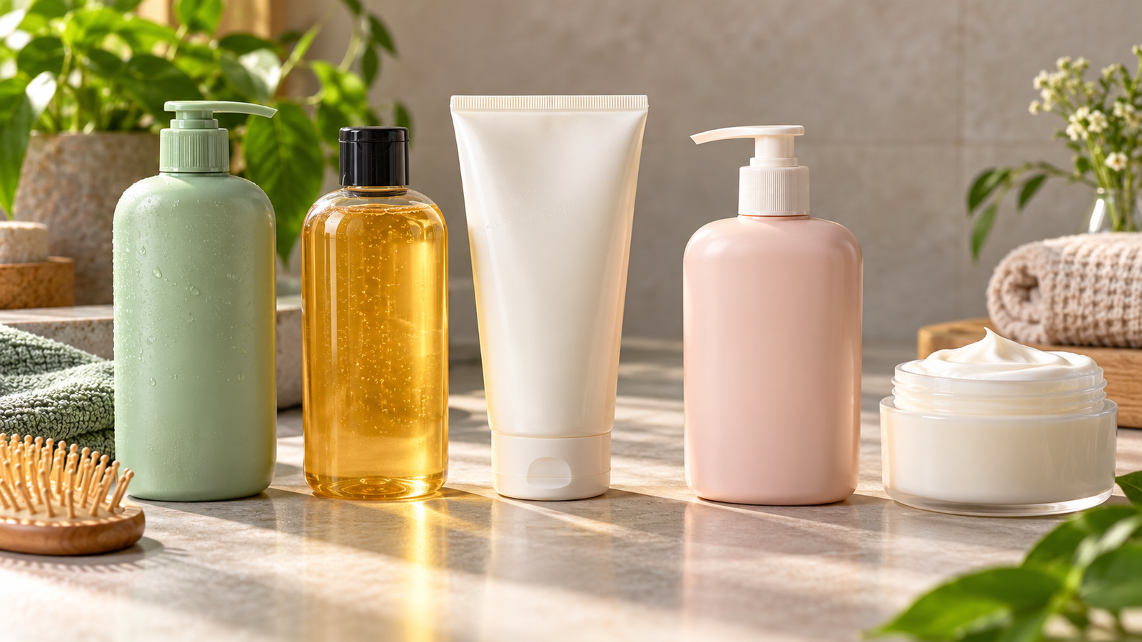 Five unbranded products arranged for a comparison about conditioner vs shampoo vs body lotion