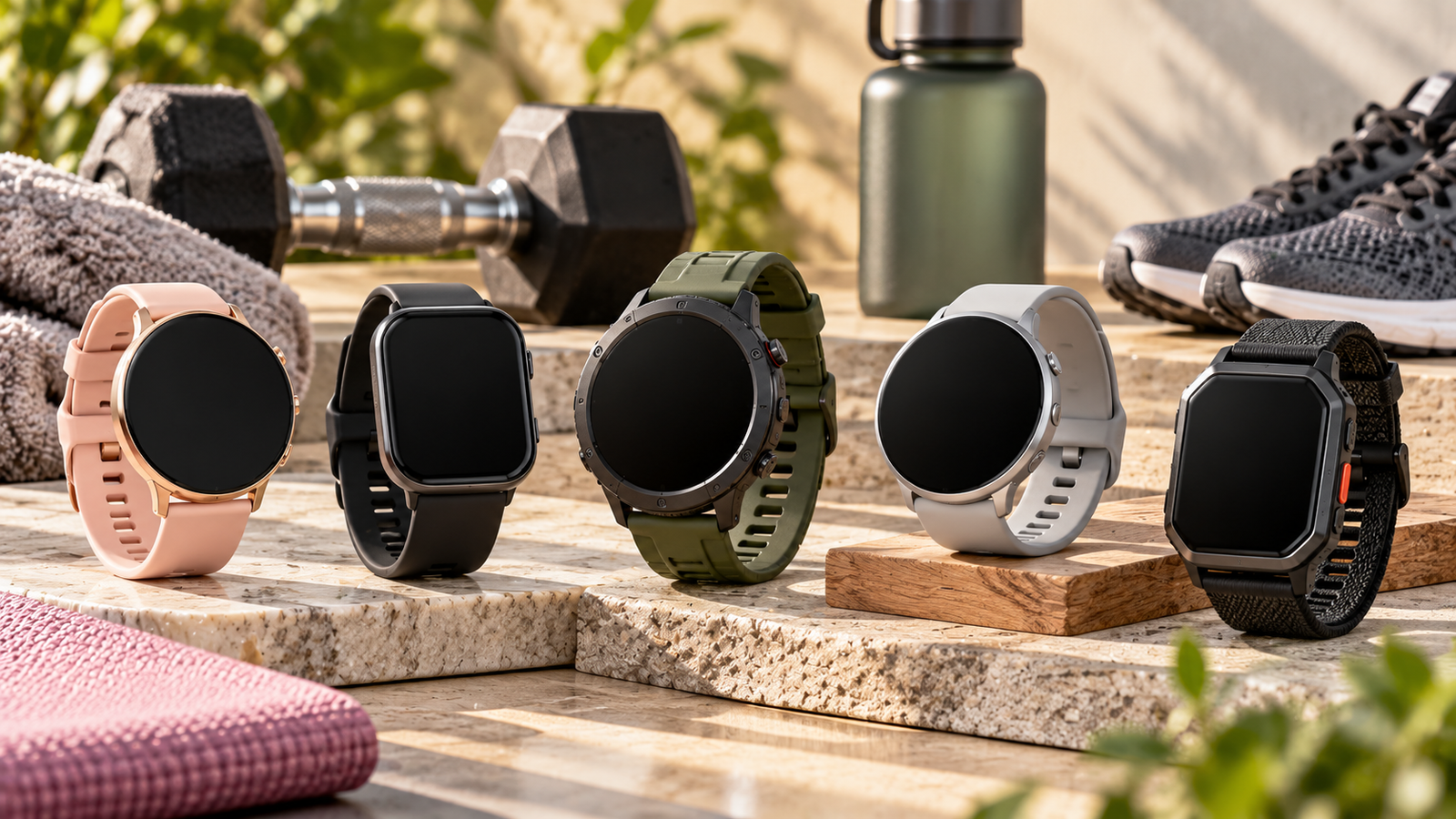 Five unbranded products arranged for a comparison about AMOLED vs GPS fitness watch India