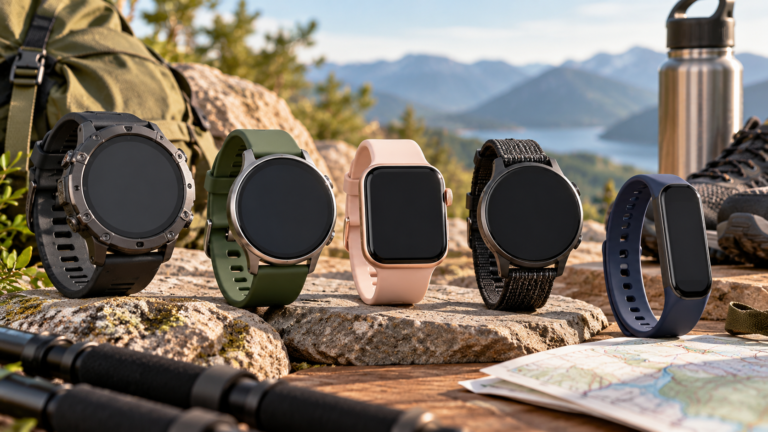 Five unbranded products arranged for a comparison about outdoor GPS vs AMOLED wellness watch