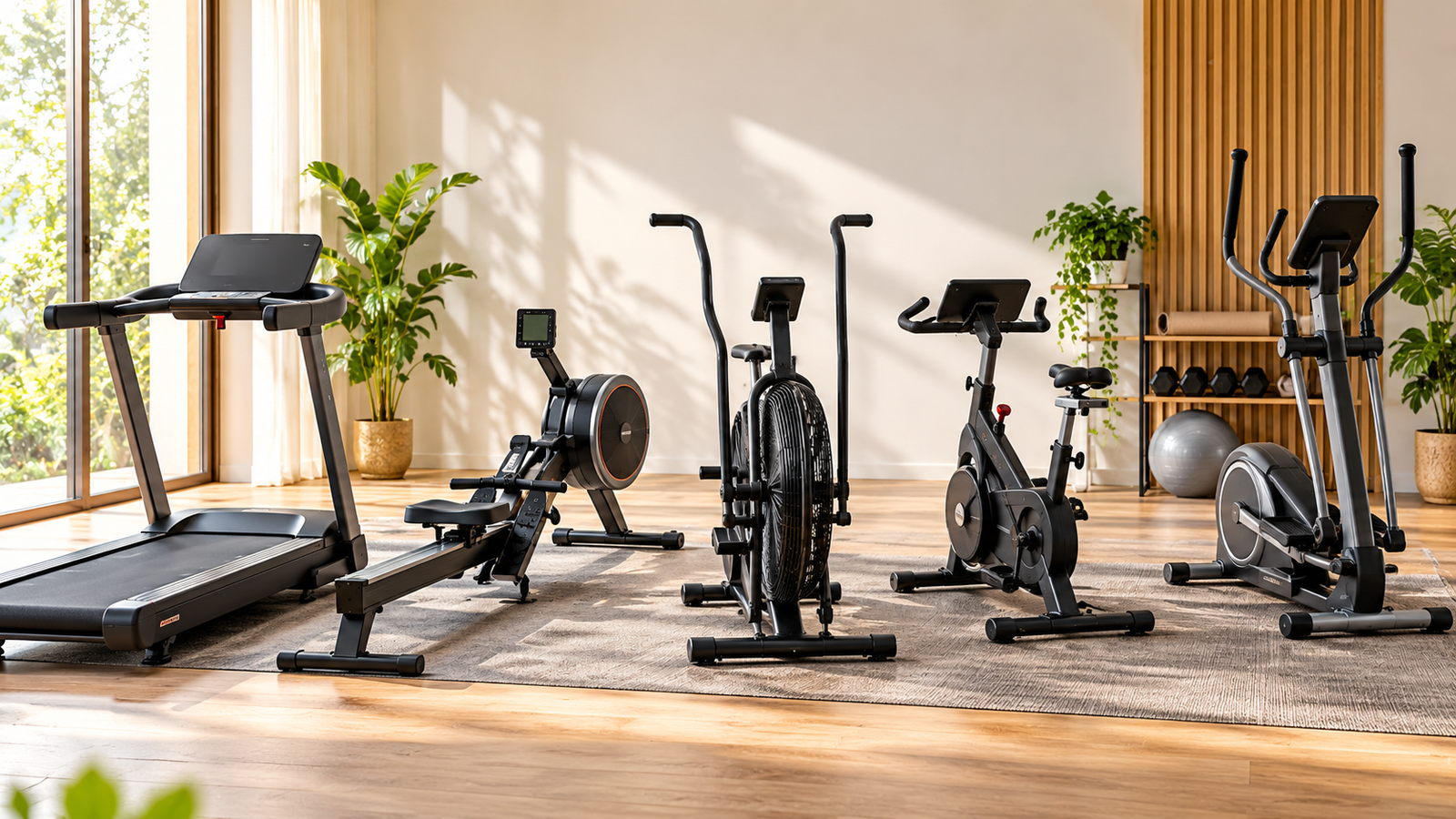Five unbranded products arranged for a comparison about treadmill vs magnetic rowing machine India