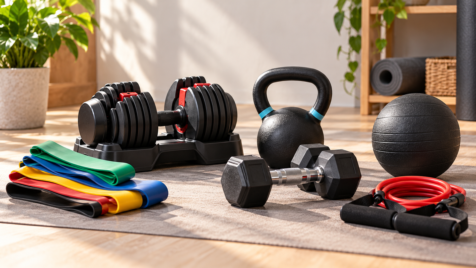 Five unbranded products arranged for a comparison about resistance bands vs adjustable dumbbells India