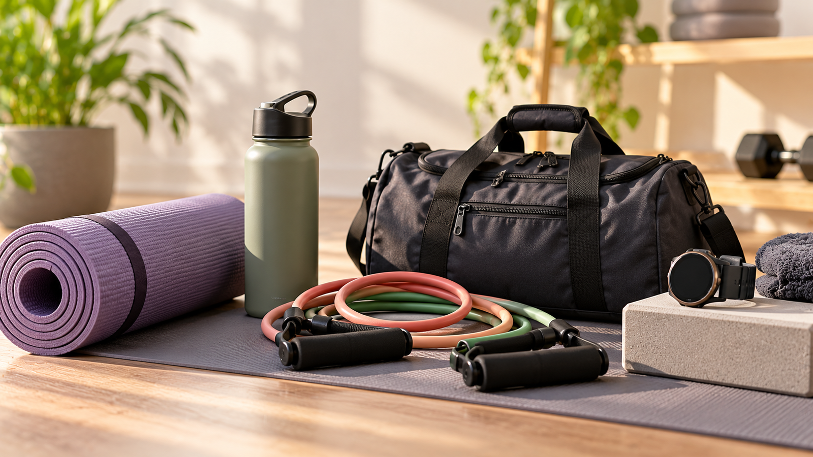 Five unbranded products arranged for a comparison about home workout starter gear mat resistance tube bag tracker
