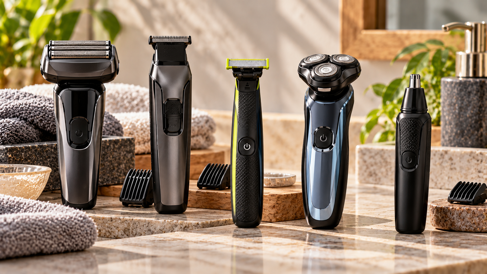 Five unbranded products arranged for a comparison about foil shaver vs multi groomer vs oneblade India