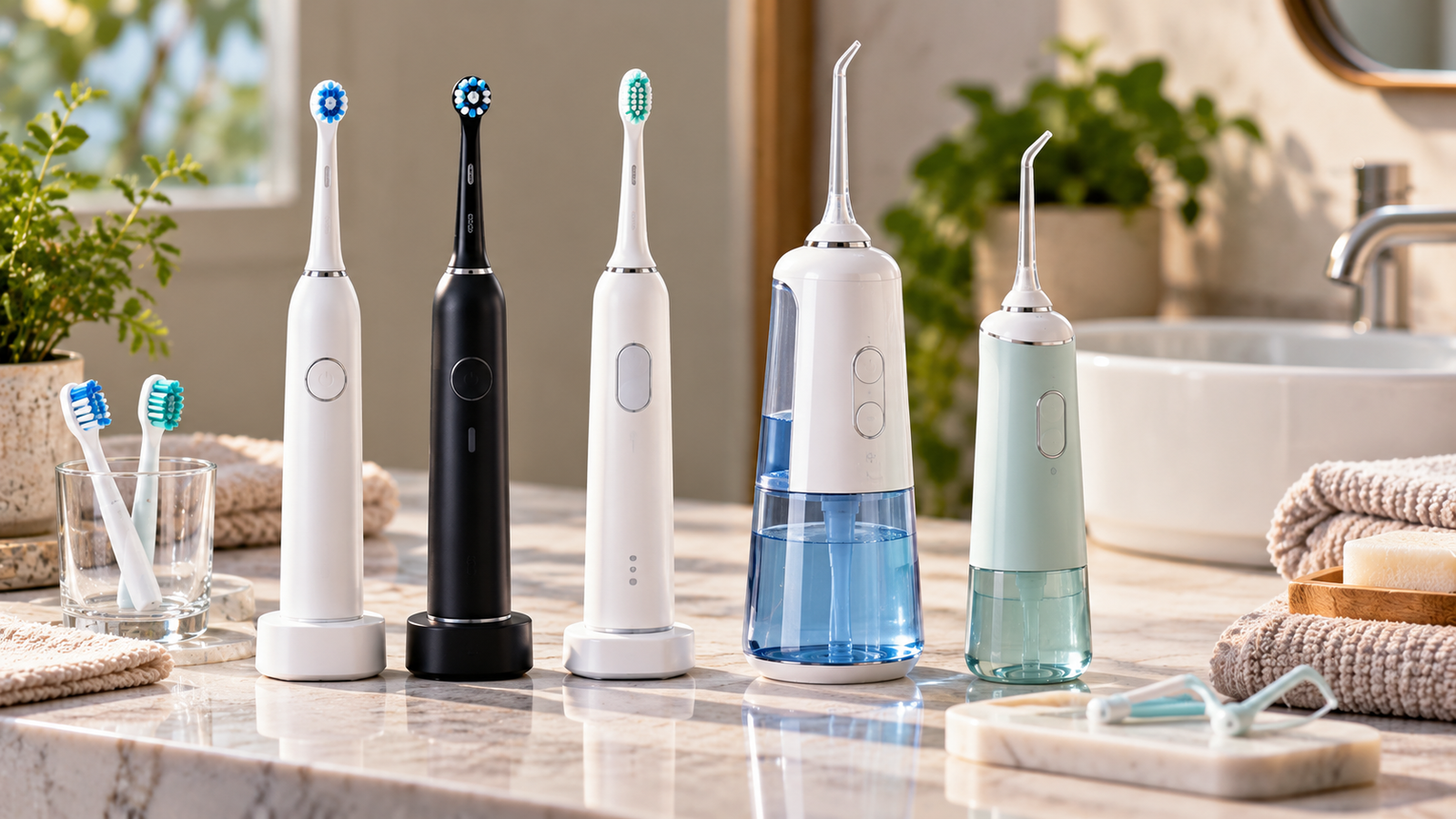 Five unbranded products arranged for a comparison about sonic toothbrush vs oscillating vs water flosser