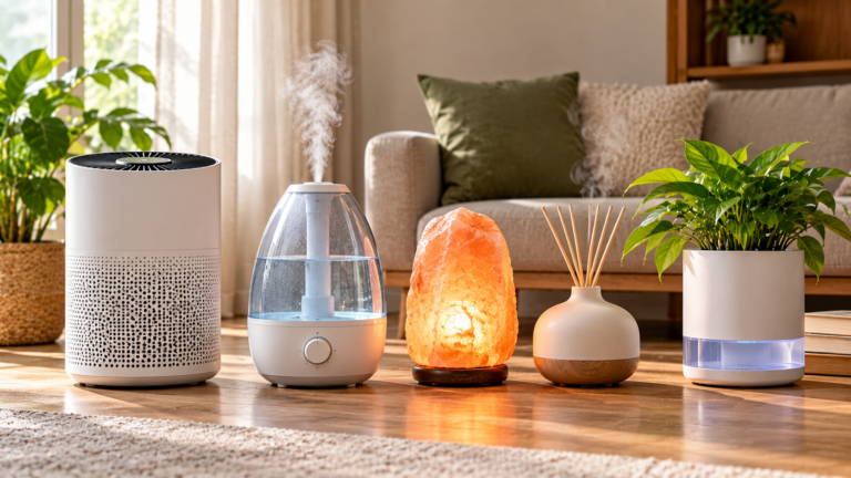 Five unbranded products arranged for a comparison about air purifier vs humidifier vs salt lamp