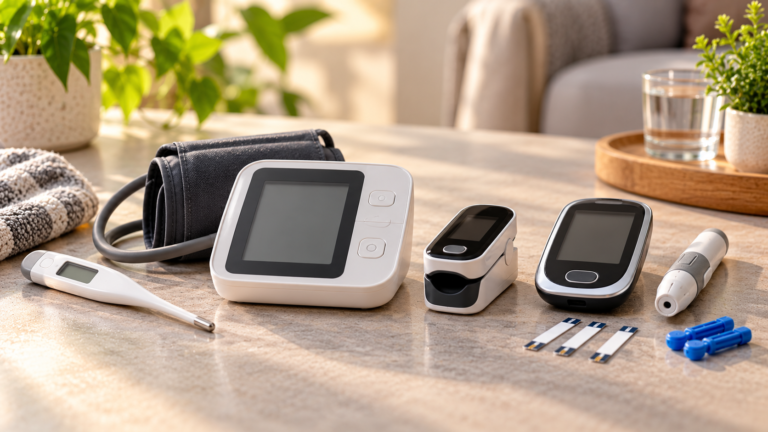 Five unbranded products arranged for a comparison about home thermometer vs BP monitor vs pulse oximeter glucometer