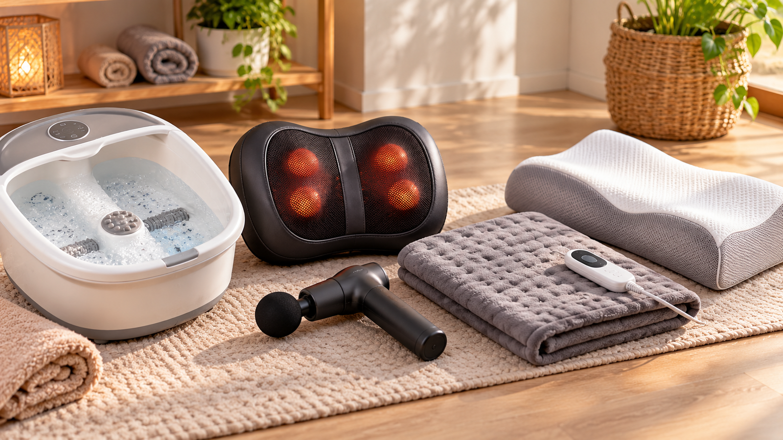 Five unbranded products arranged for a comparison about foot spa vs shiatsu massager vs heating pad