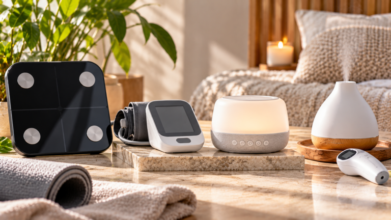 Five unbranded products arranged for a comparison about smart scale vs BP monitor vs white noise machine