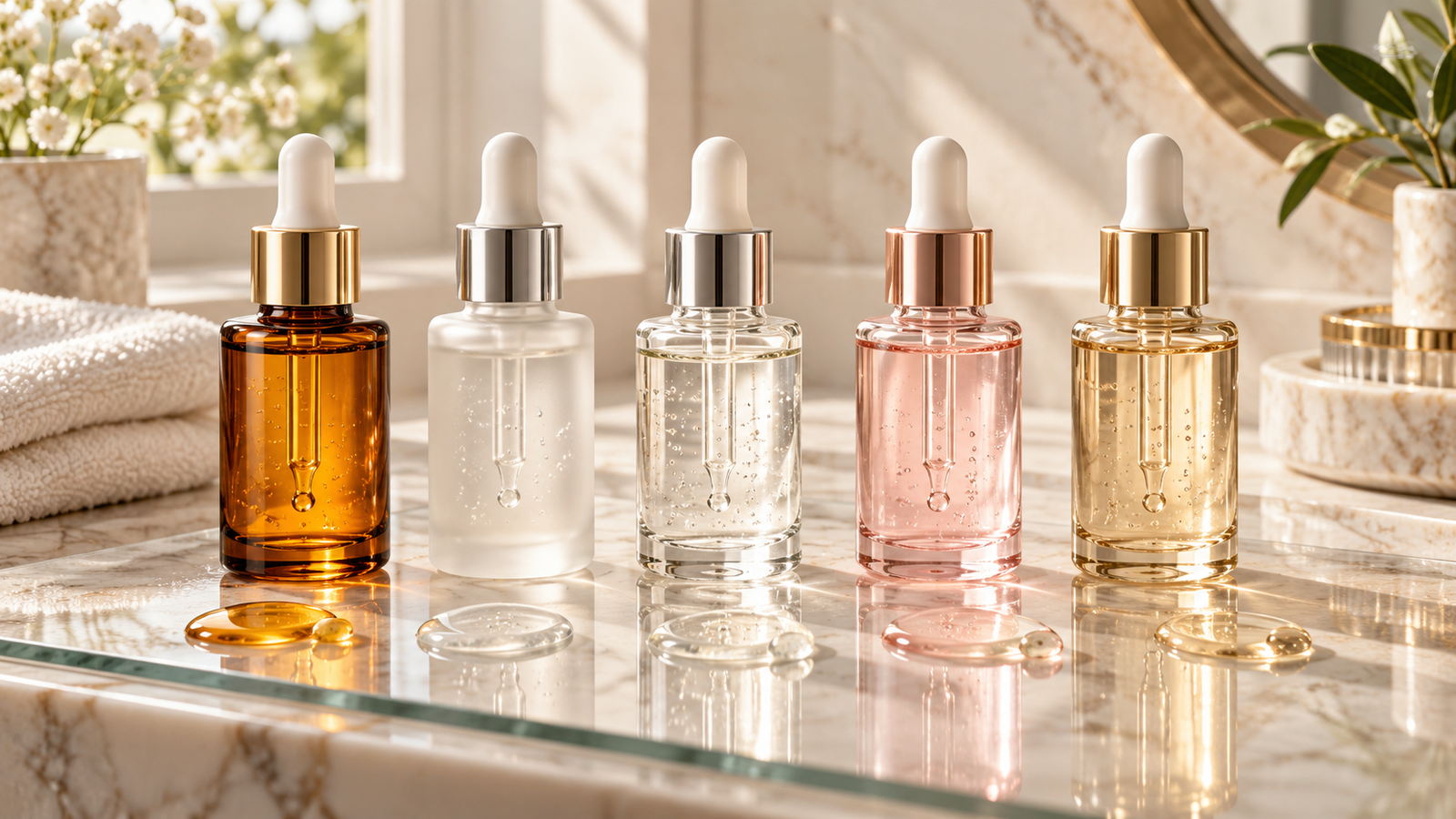Five unbranded beauty product formats arranged for Pilgrim face serum comparison India