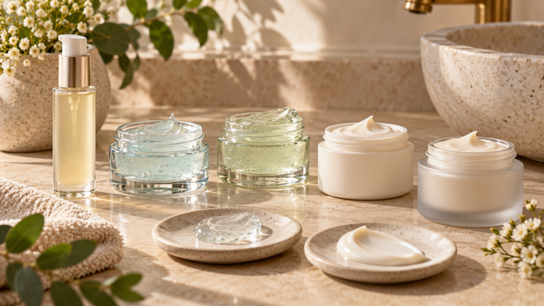Five unbranded beauty product formats arranged for Plum moisturizer gel cream comparison