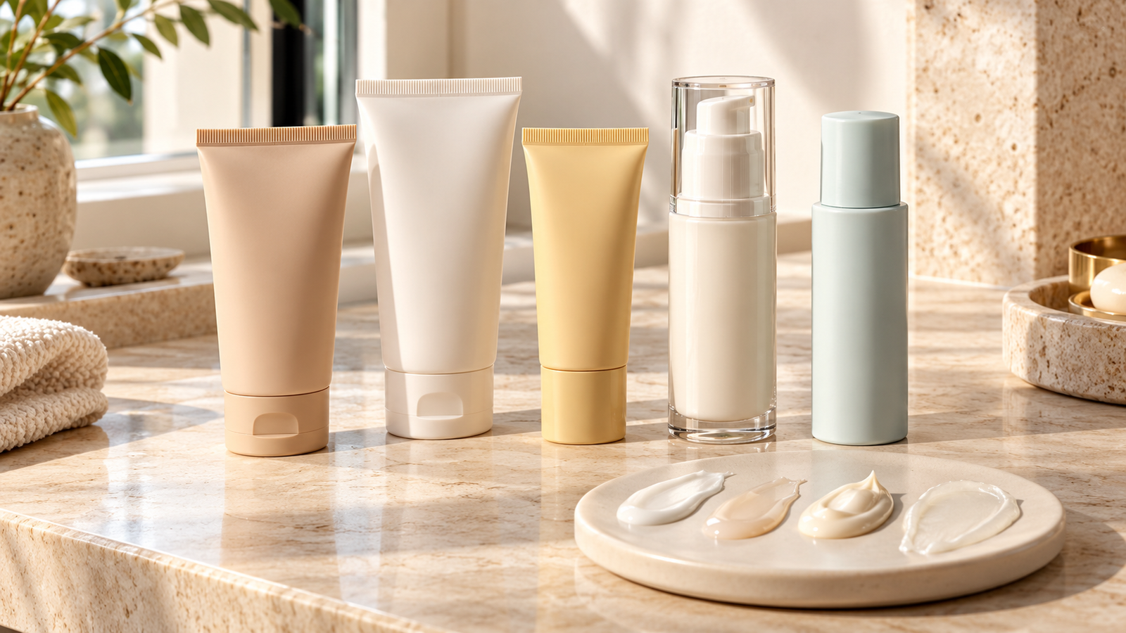Five unbranded beauty product formats arranged for Dr Sheth's SPF 50 sunscreen comparison
