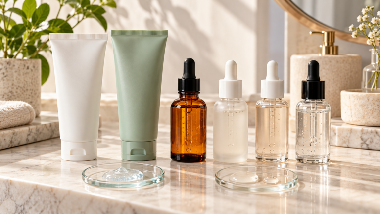 Five unbranded beauty product formats arranged for salicylic serum vs face wash India
