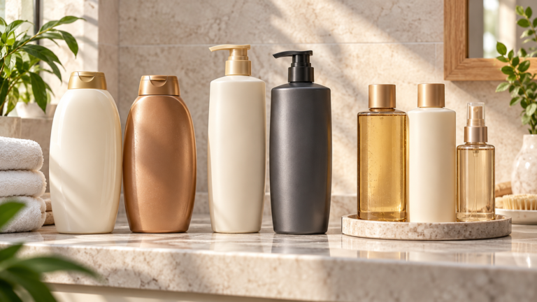 Five unbranded beauty product formats arranged for OGX shampoo conditioner comparison India