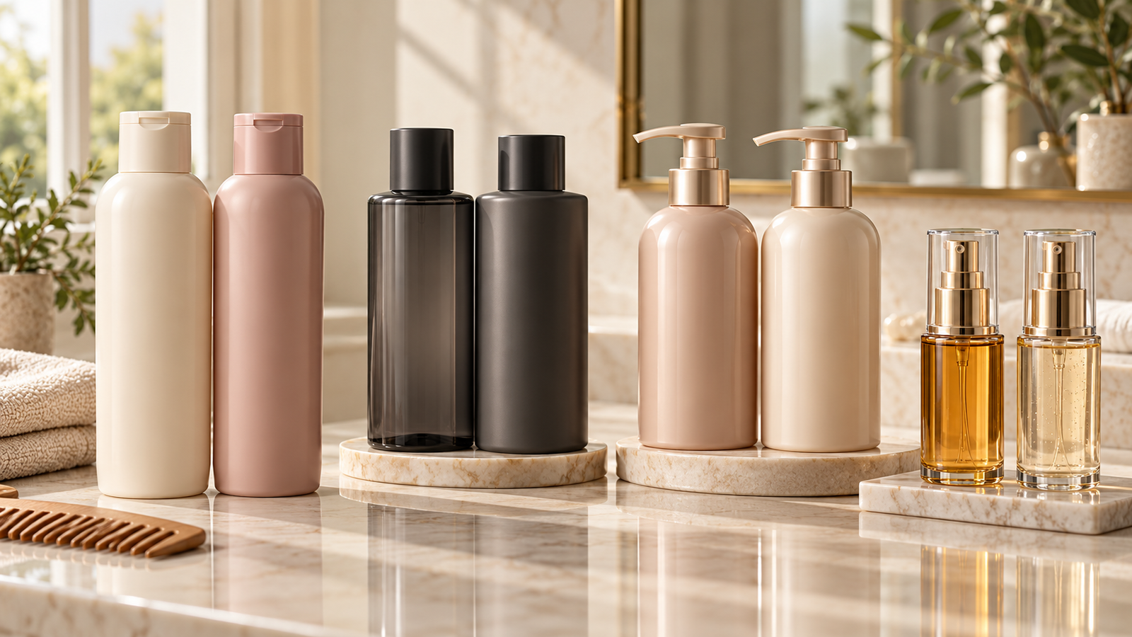 Five unbranded beauty product formats arranged for Matrix Opti Care vs Opti Repair